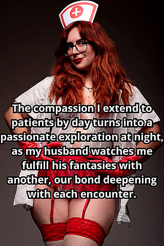 My nursing uniform comes off with care, revealing the loving hotwife beneath, eager to pleasure another while my husband's admiring eyes remind me of our special connection. [No Imagefap]'