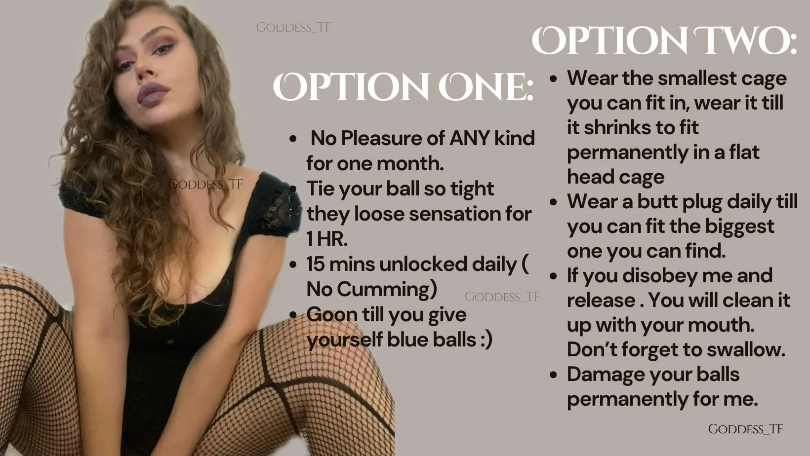 Choose Your Fate : Option One Or Two? by u/Goddess_T-F on r/FemdomCBTcaptions picture 1 of 1