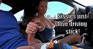 Sissy babes can't resist grinding that gearshift!'