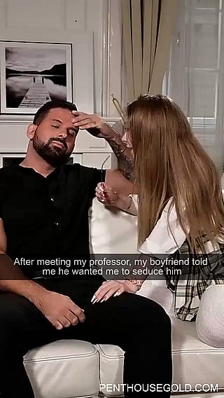 Filthy Cockslut Drops to Her Knees for Professor's Rod While Boyfriend Watches'