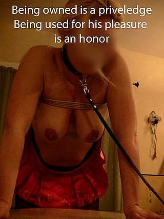 Dressed for pleasure, leashed, table tied and all holes available...Accepting of her place'