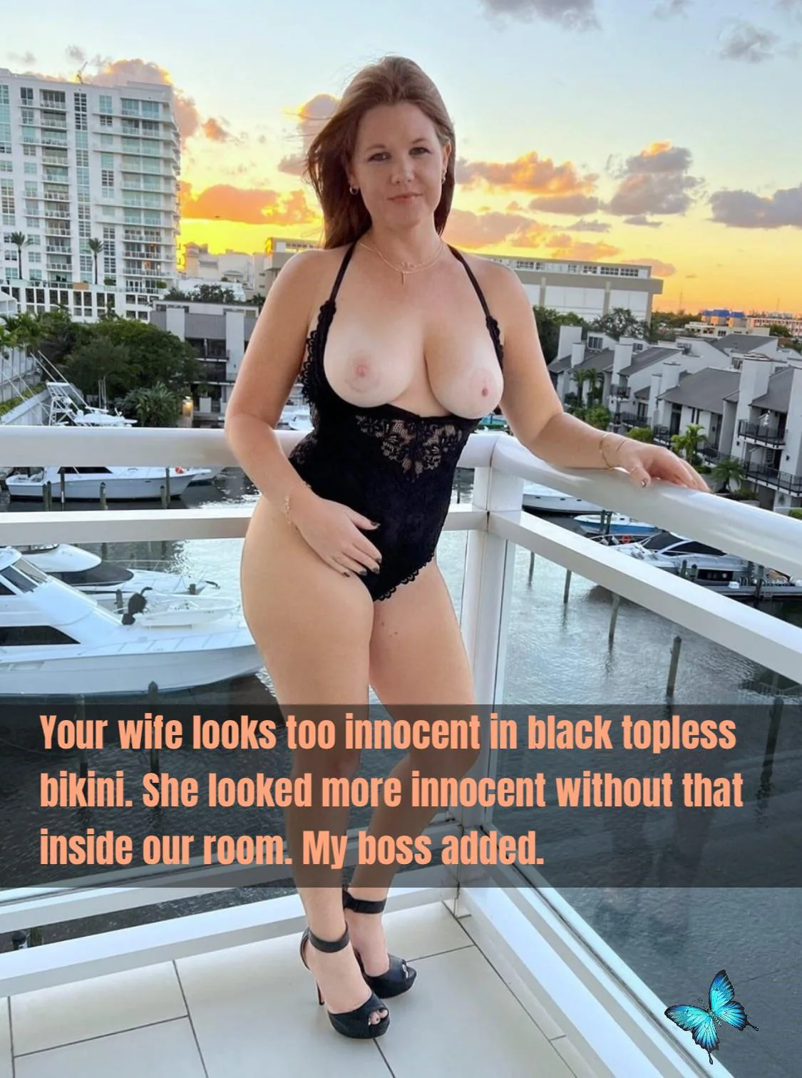 Your wife looks too innocent in black topless bikini. She looked more innocent without that inside our room. My boss added. picture 1 of 1