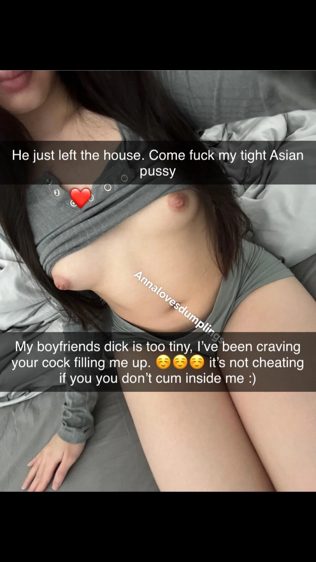 I’ll cheat on him and you can fuck me aslong as you don’t cum inside me, okay? (18 Asian) picture 1 of 1