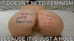 For all the self-declared feminists: be honest, how much of the last 24 hours have you been rubbing your cunt to violent, degrading, misogynistic porn? How hard did you come watching your sisters get raped, abused, humiliated, pissed upon and used as cumdumps? picture 1 of 1