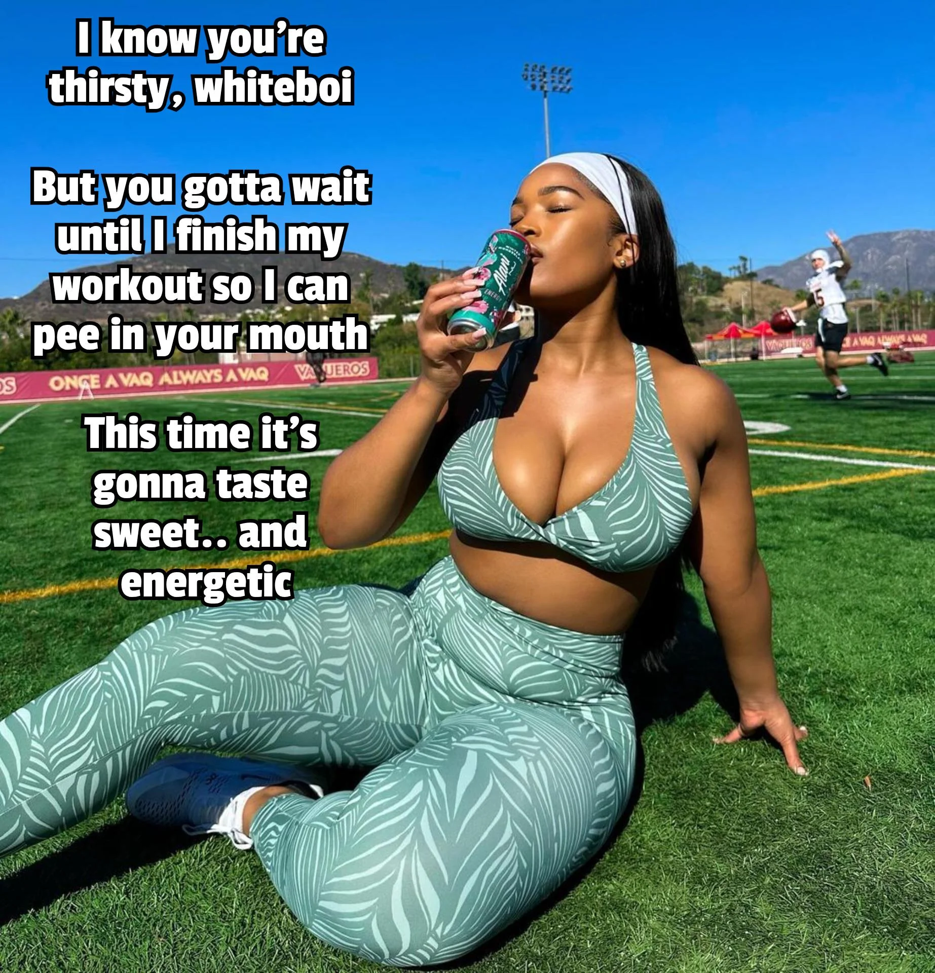 She drinks energy drinks, you drink her pee (captionforever on imagefap) picture 1 of 1